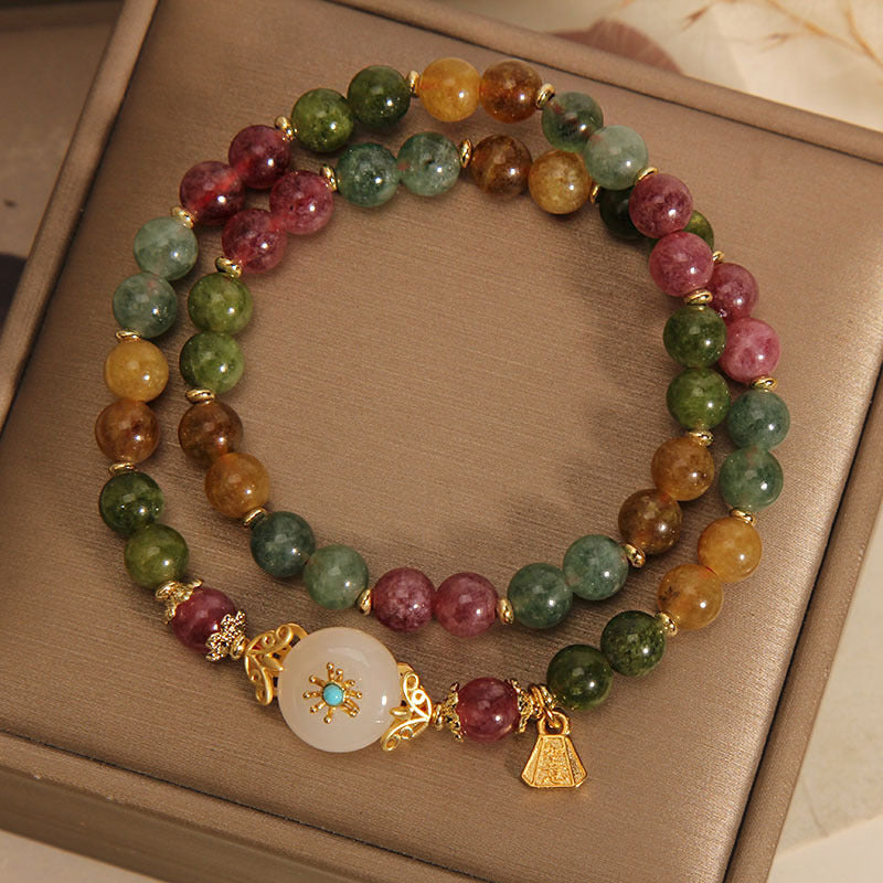 Nimara Ritual Natural Multicolored Tourmaline Positive Jade Flower Double Wrap Bracelet