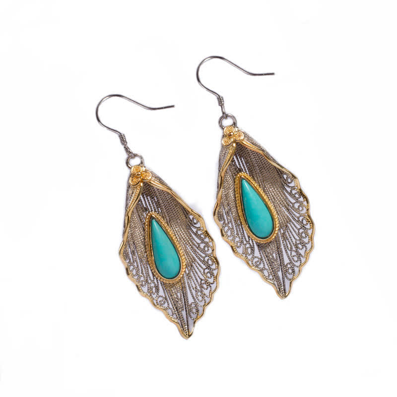Nimara Ritual 925 Sterling Silver Turquoise Bodhi Leaf Pattern Protection Drop Dangle Earrings