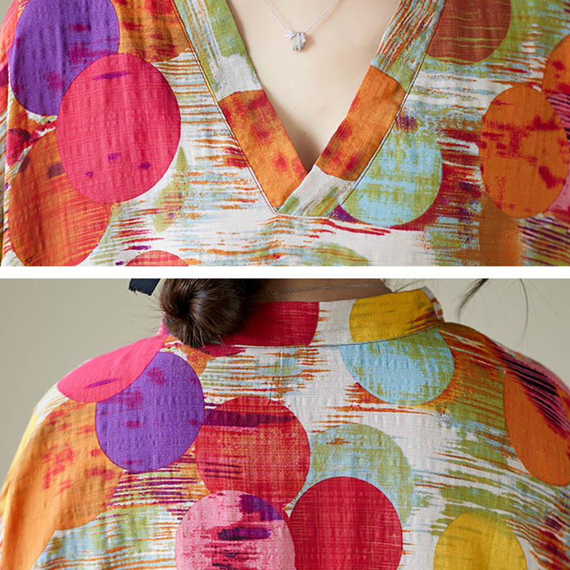 Nimara Ritual Orange Blue Colorful Polka Dots Midi Dress Cotton Half Sleeve Dress With Pockets