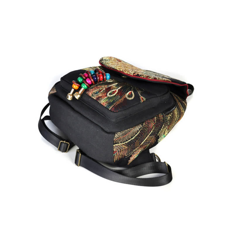 Nimara Ritual Peacock Embroidery Canvas Tassel Backpack