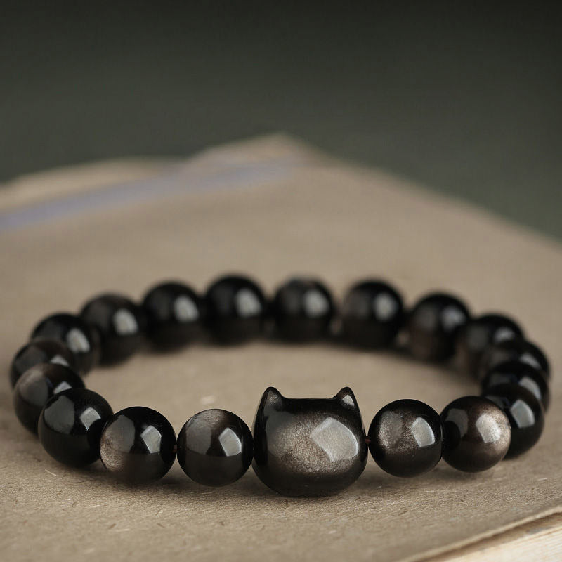 Nimara Ritual Gold Sheen Obsidian Silver Sheen Obsidian Lovely Paw Lucky Cat Protection Bracelet