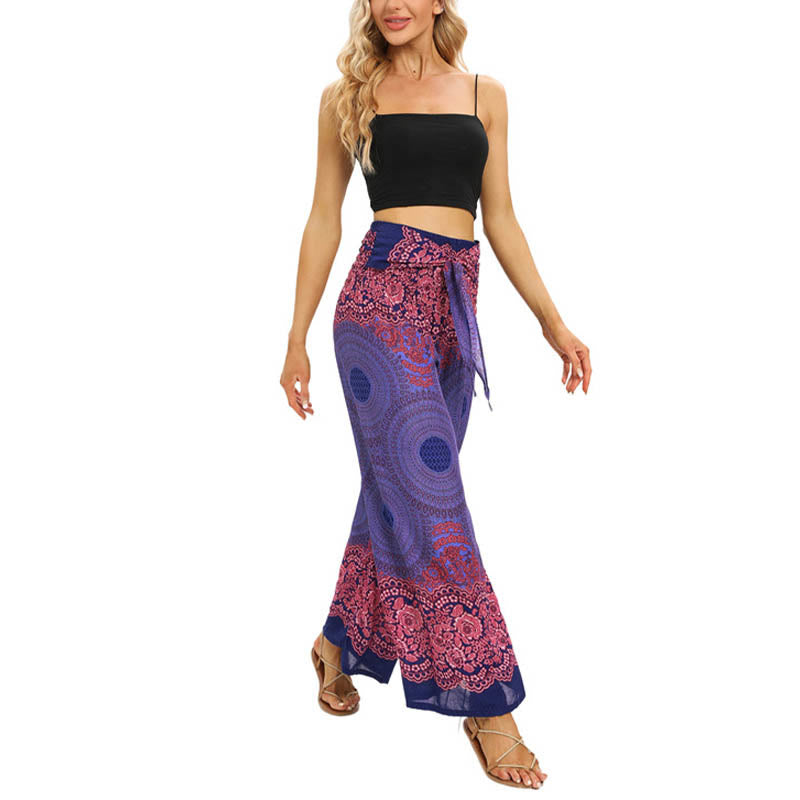 Nimara Ritual Bohemian Compass Flower Print Lace-up Wide Leg Pants Women's Yoga Pants