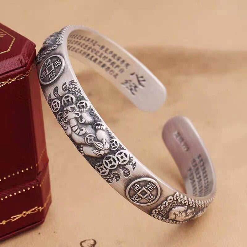 Nimara Ritual Tibetan PiXiu Heart Sutra Coin White Copper Wealth Bracelet Adjustable Bangle