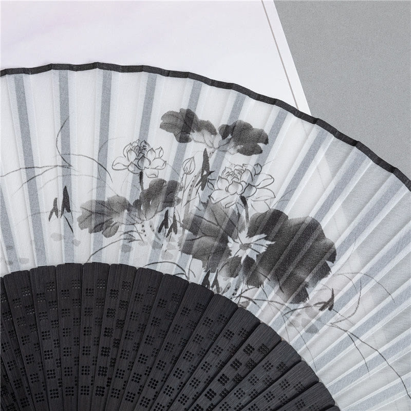 Nimara Ritual Mountains Plum Blossom Lotus Magpie Bamboo Leaves Handheld Silk Bamboo Folding Fan 22.5cm
