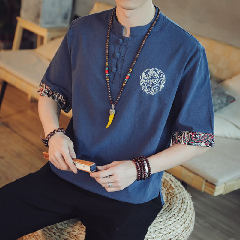 Nimara Ritual Frog-Button Dragon Embroidery Chinese Tang Suit Short Sleeve Shirt Men Clothing