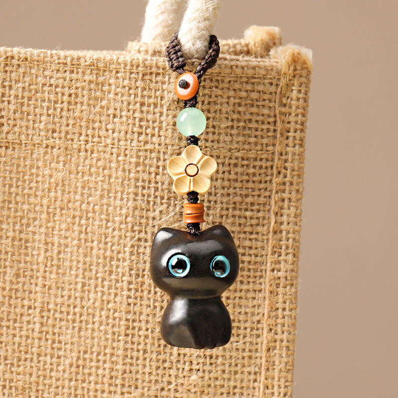 Nimara Ritual Mini Small Leaf Red Sandalwood Ebony Wood Lucky Cat Lovely Kitty Peace Key Chain Phone Hanging Decoration