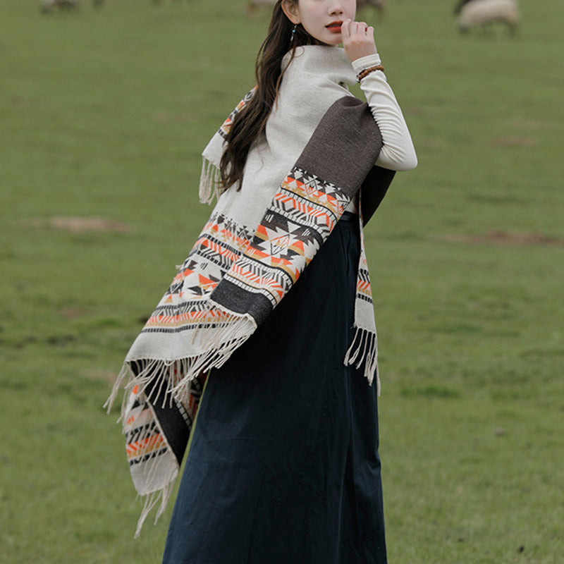 Nimara Ritual Tibetan Shawl Colorful Geometry Winter Cozy Travel Scarf Wrap