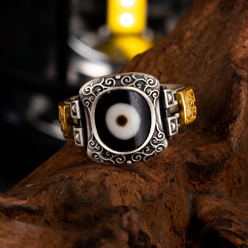 Nimara Ritual 925 Sterling Silver Zakiram Goddess of Wealth Design Dzi Bead Protection Ring