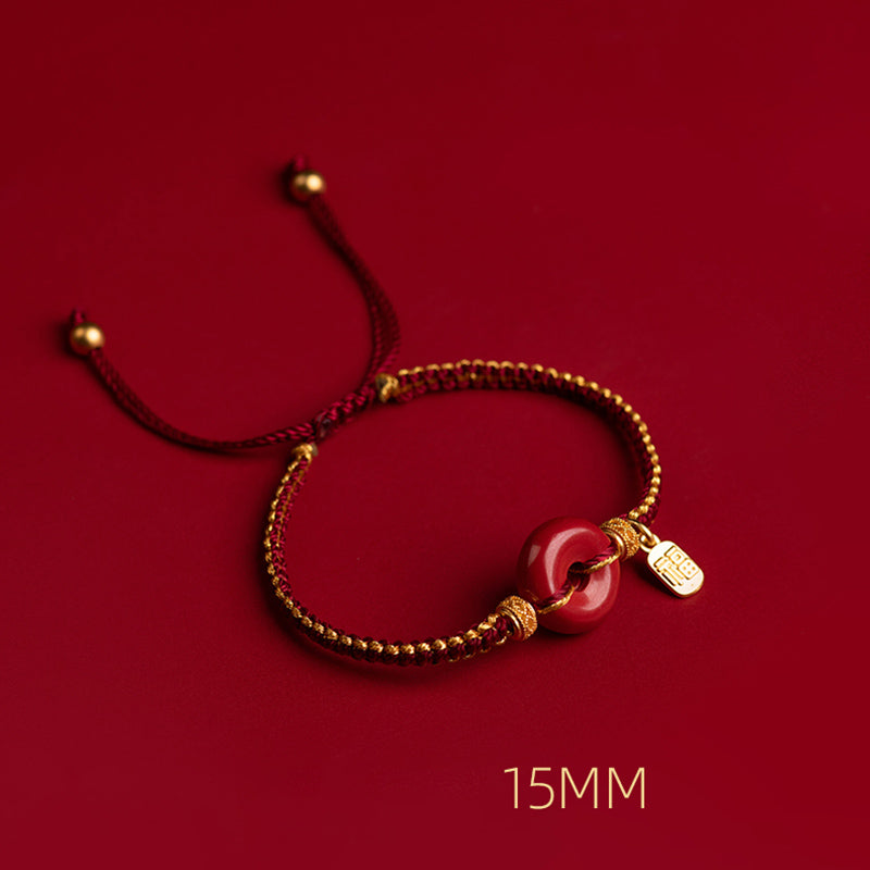 Nimara Ritual Natural Cinnabar Peace Buckle Fu Character Charm Blessing Braided Bracelet