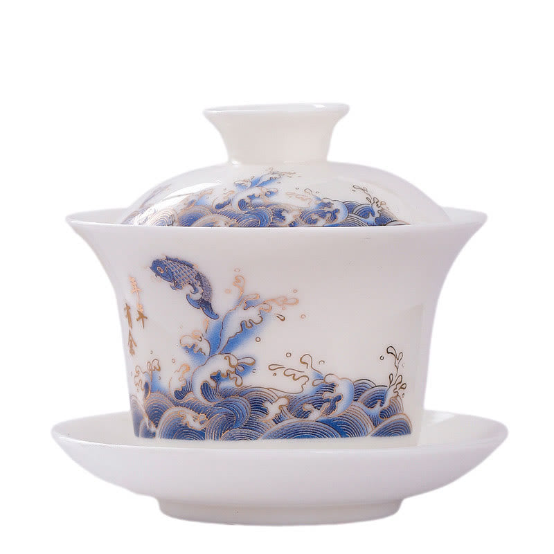 Nimara Ritual White Porcelain Mountain Landscape Countryside Ceramic Gaiwan Teacup Kung Fu Tea Cup And Saucer With Lid