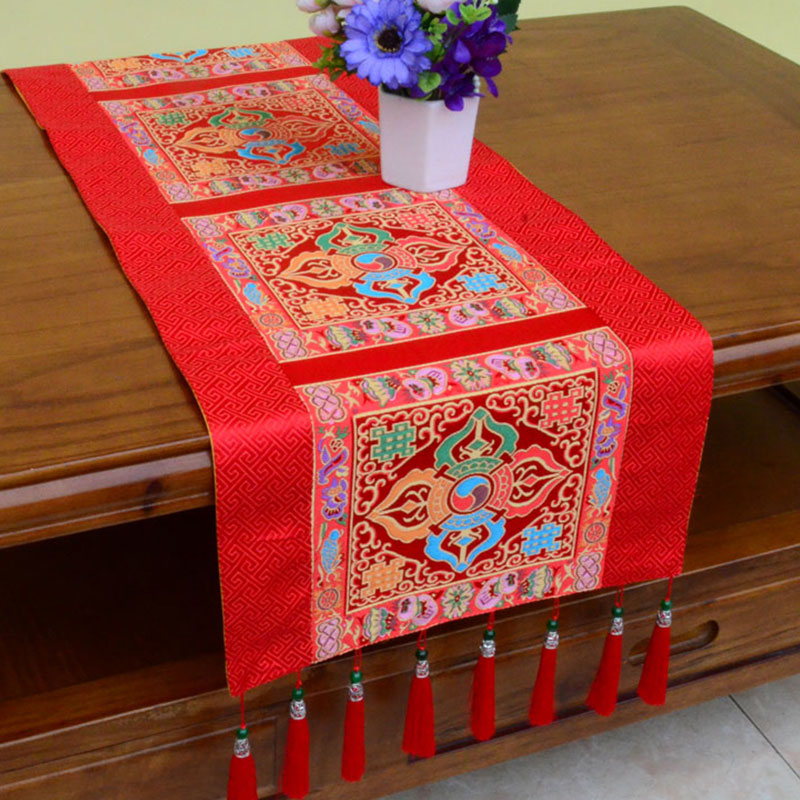 Nimara Ritual Prayer Altar Mat Man-Bcu Kalachakra Endless Knot Vajra Tibetan Auspicious Symbols Tassels Table Runner