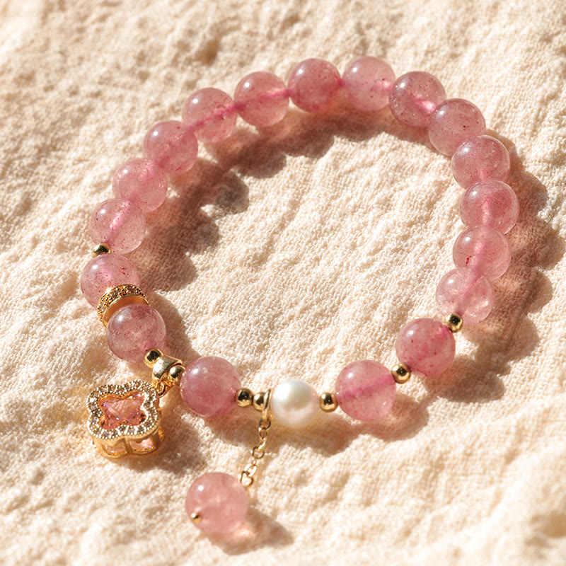 Nimara Ritual Strawberry Quartz Pearl Four Leaf Clover Charm Healing Bracelet