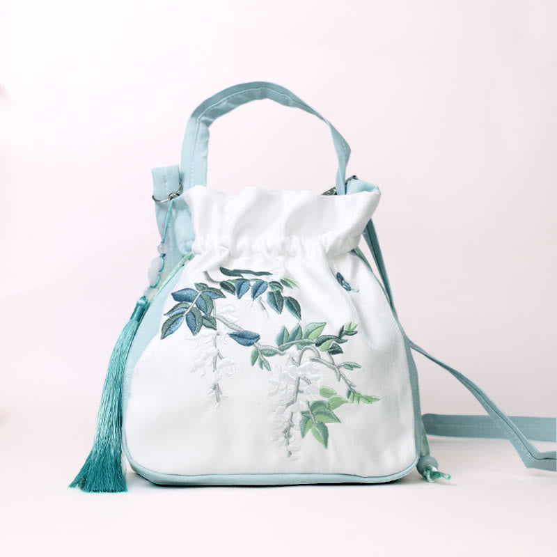 Nimara Ritual Embroidered Flowers Wisteria Lily Cotton Linen Tote Crossbody Bag Shoulder Bag Handbag