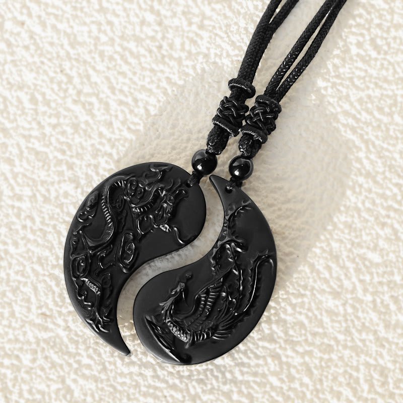 Nimara Ritual Black Obsidian Yin Yang Dragon Phoenix Luck Necklace Pendant