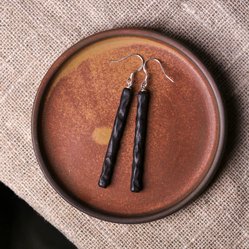 Nimara Ritual 925 Sterling Silver Ebony Wood Texture Balance Peace Drop Dangle Earrings