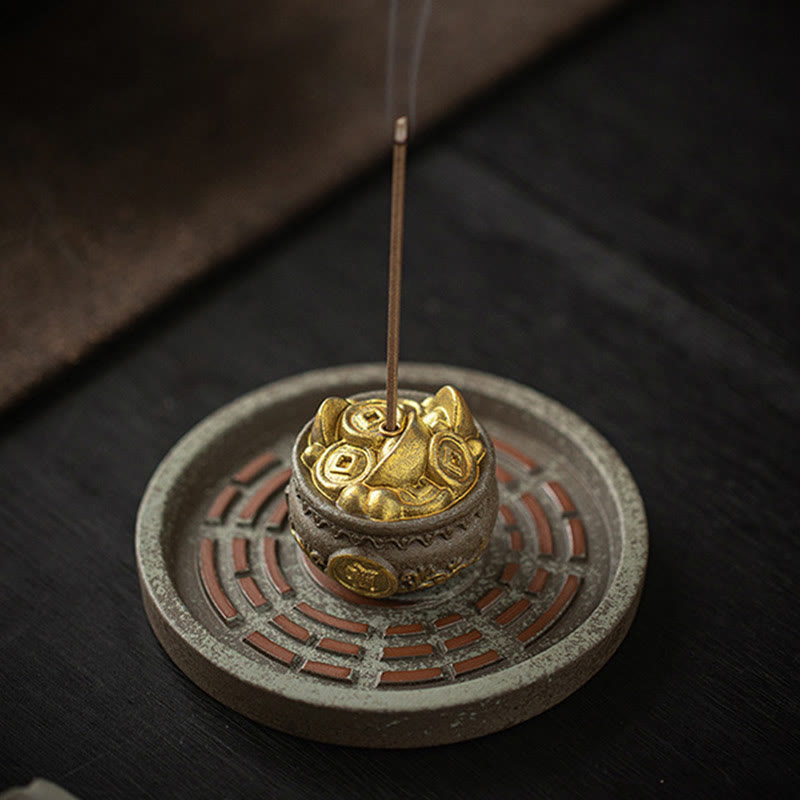Nimara Ritual Small Treasure Bowl Lucky Bag Bagua Tray Healing Ceramic Stick Incense Burner Decoration