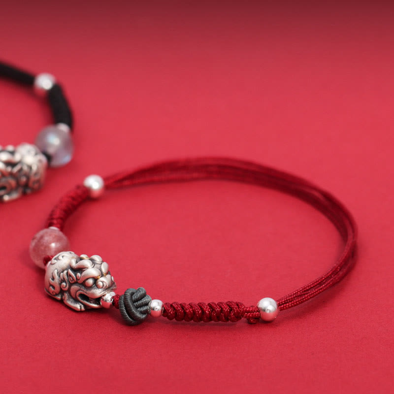 Nimara Ritual 999 Sterling Silver PiXiu Strawberry Quartz Bead Wealth Luck Braided Bracelet