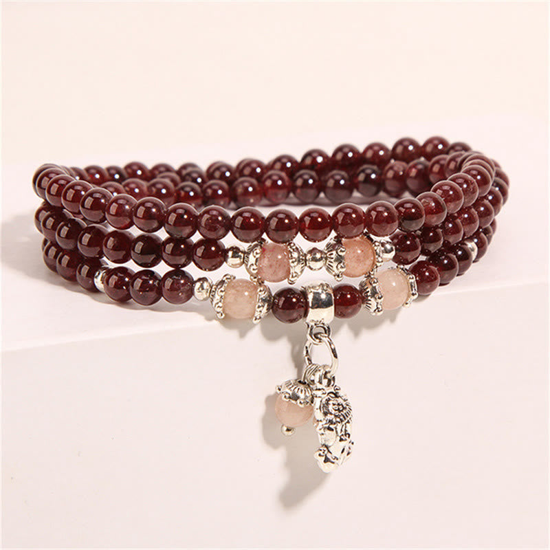 Nimara Ritual Natural Garnet Strawberry Quartz Green Beans PiXiu Protection Triple Wrap Bracelet