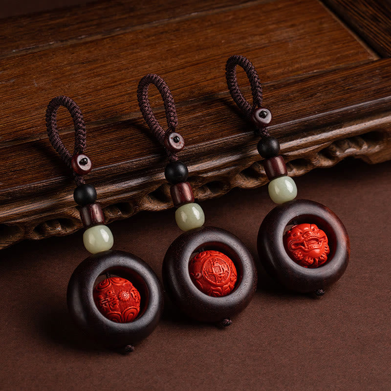 Nimara Ritual Tibet Om Mani Padme Hum PiXiu Copper Coin Small Leaf Red Sandalwood Cinnabar Protection Key Chain