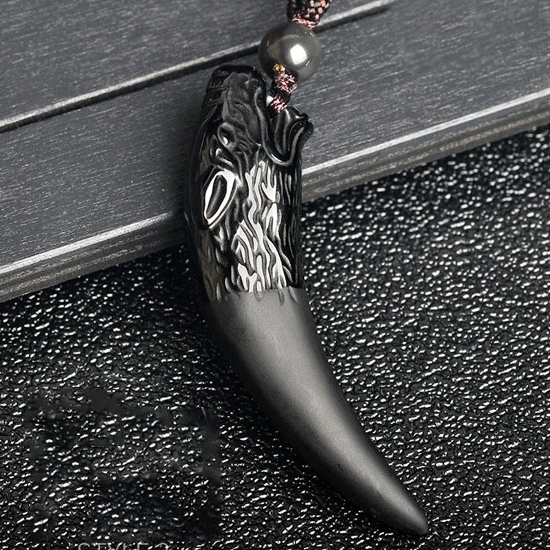 Nimara Ritual Natural Black Obsidian Ice Obsidian Rainbow Obsidian Wolf Tooth Pattern Strength Necklace Pendant
