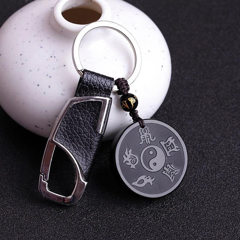 Nimara Ritual Natural Black Obsidian Taoism Five Sacred Mountains Nine-Character Mantra Carved Strength Yin Yang Necklace Pendant Key Chain