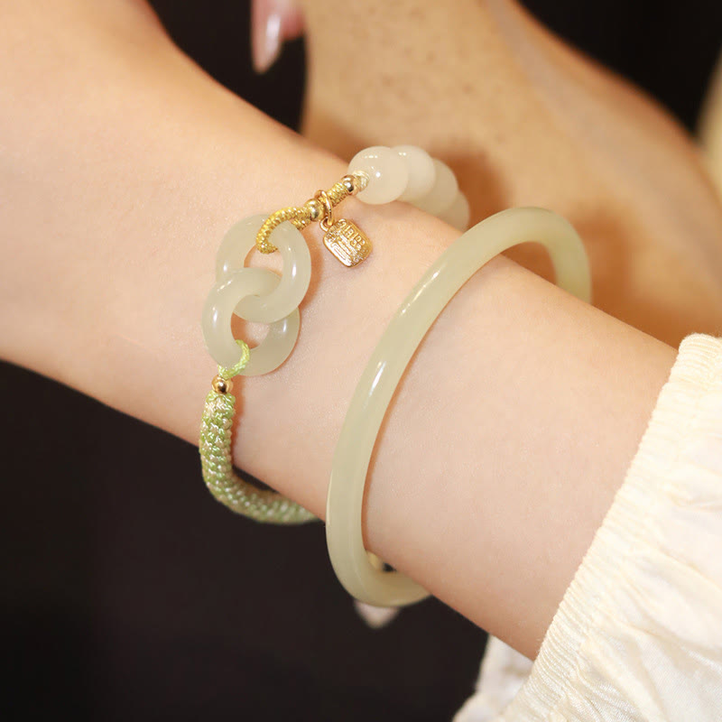 Nimara Ritual Natural Hetian Jade Bead Double Peace Buckle Fu Character Abundance Braided Bracelet