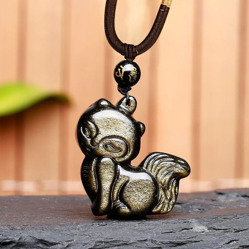 Nimara Ritual Natural Rainbow Obsidian Gold Sheen Obsidian Nine Tailed Fox Positive Necklace Pendant