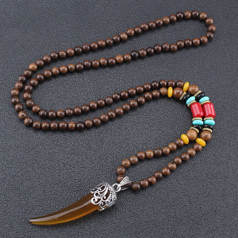 Nimara Ritual Wenge Wood Turquoise Stone Horn Style Protection Meditation Necklace Pendant
