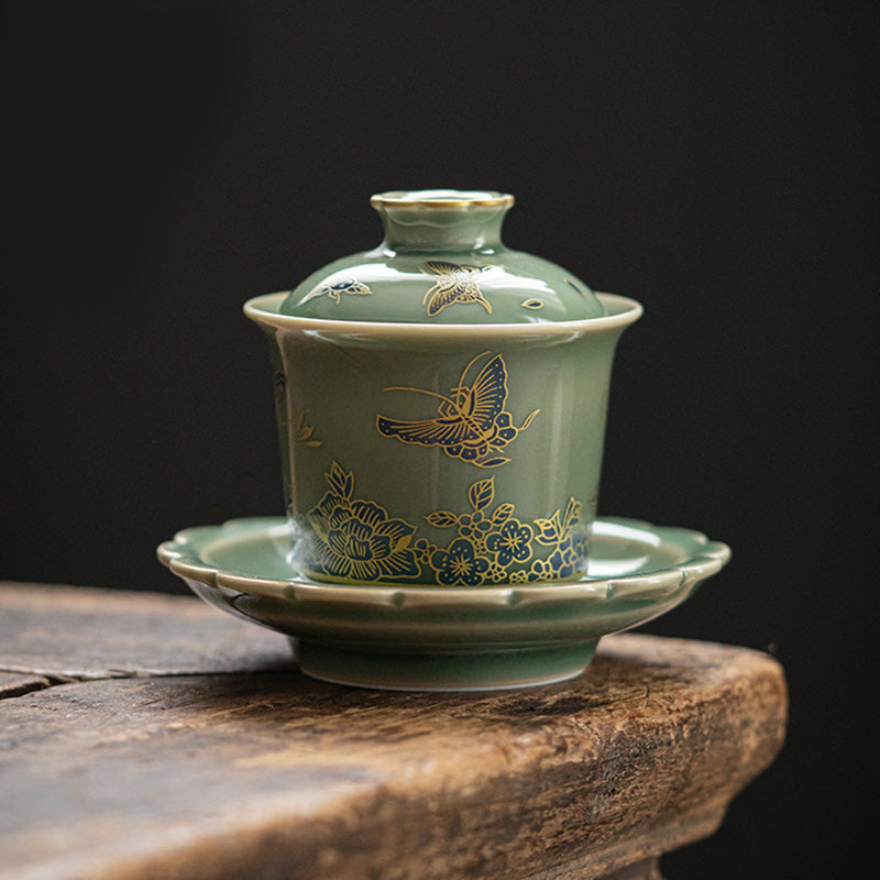 Nimara Ritual Green Porcelain Butterfly Flower Salmon Fish Ceramic Gaiwan Sancai Teacup Kung Fu Tea Cup And Saucer With Lid