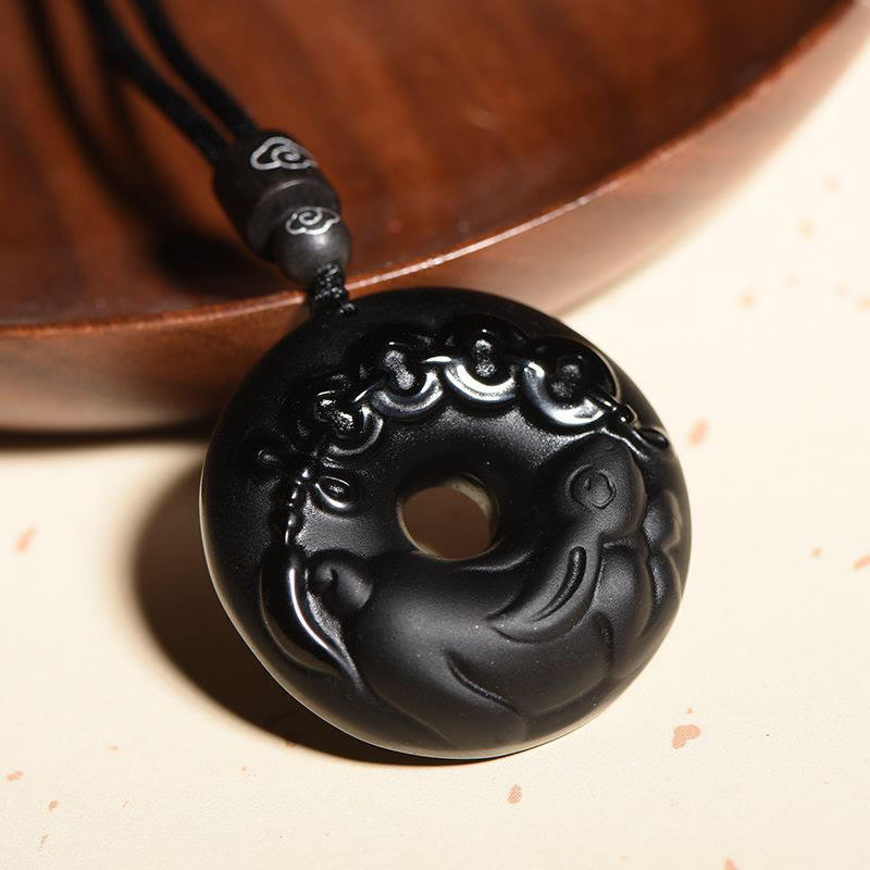 Nimara Ritual Chinese Zodiac Natural Black Obsidian Peace Buckle Strength Necklace Pendant