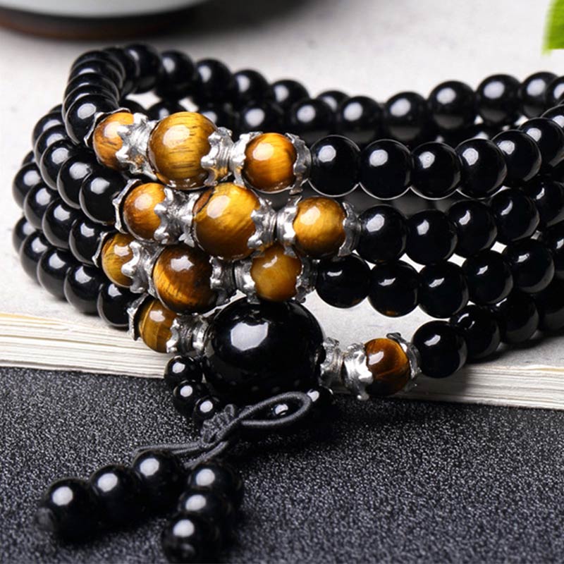 Nimara Ritual 108 Beads Natural Black Obsidian Tiger Eye Mala Bracelet