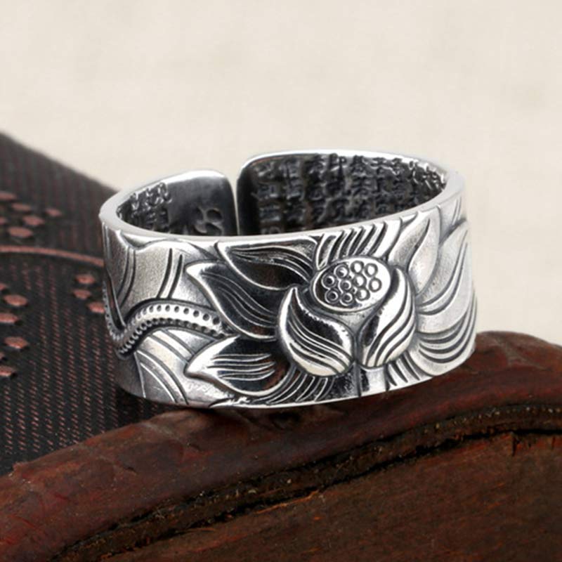 Nimara Ritual 999 Sterling Silver Lotus Symbol Heart Sutra Protection Ring