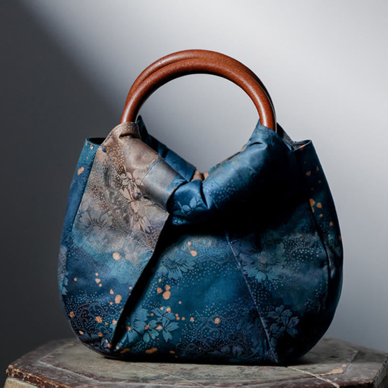 Nimara Ritual Handmade Jacquard Flower Blue Wooden Handle Handbag