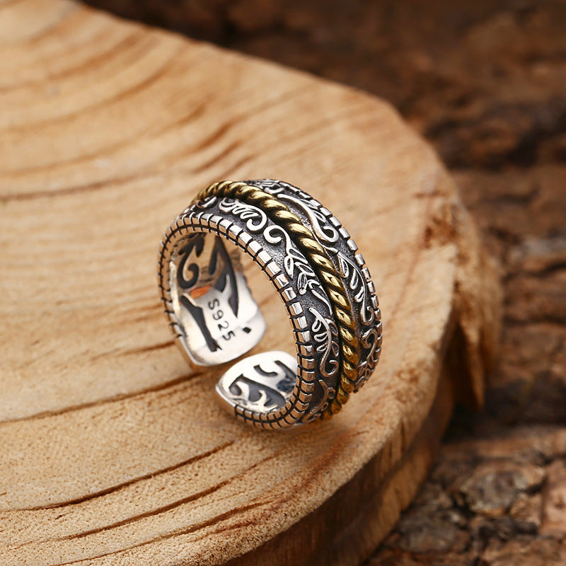 Nimara Ritual 925 Sterling Silver Tang Dynasty Flower Design Luck Adjustable Ring