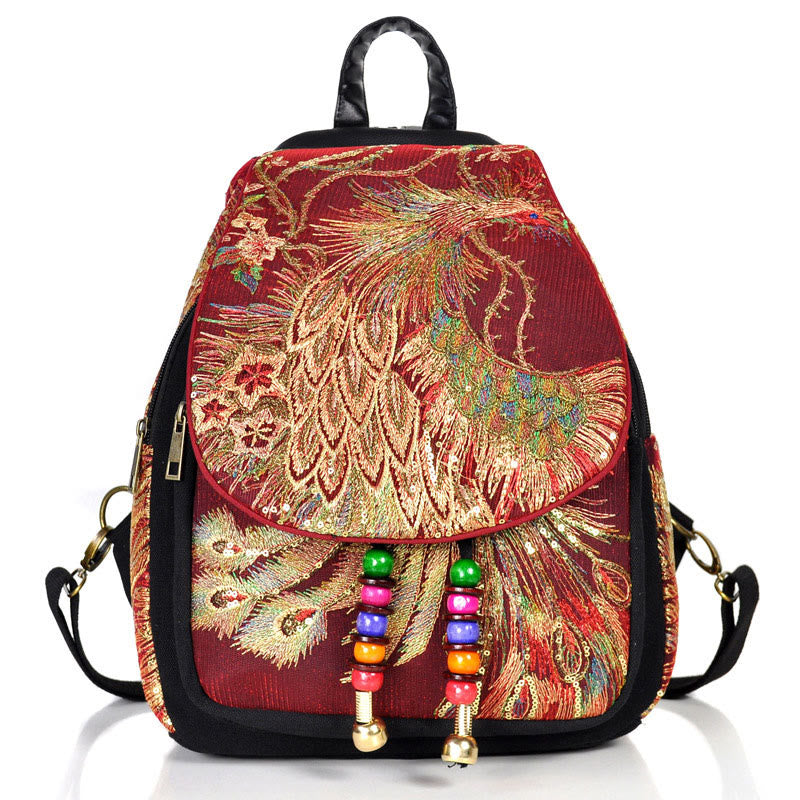Nimara Ritual Peacock Embroidery Canvas Tassel Backpack