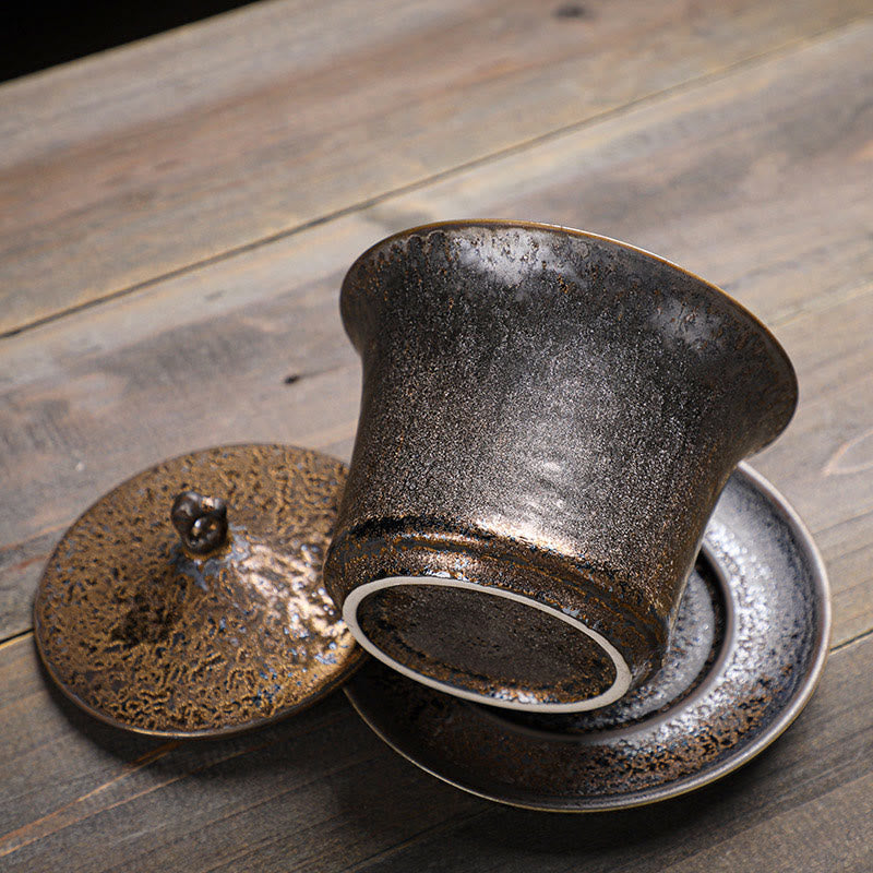 Nimara Ritual Retro Rust Glaze Ceramic Gaiwan Sancai Teacup Kung Fu Tea Cup And Saucer With Lid