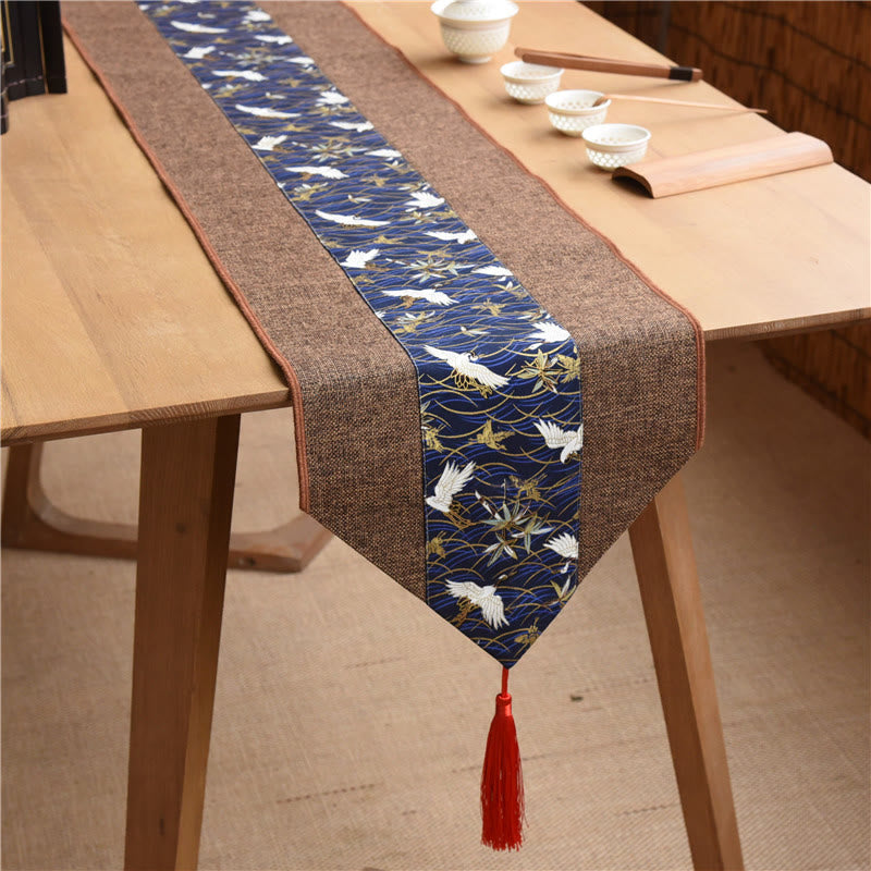 Nimara Ritual Classic Chinese Style Lotus Koi Fish Flower Crane Calligraphy Enlightenment Cotton Linen Tassels Table Runner
