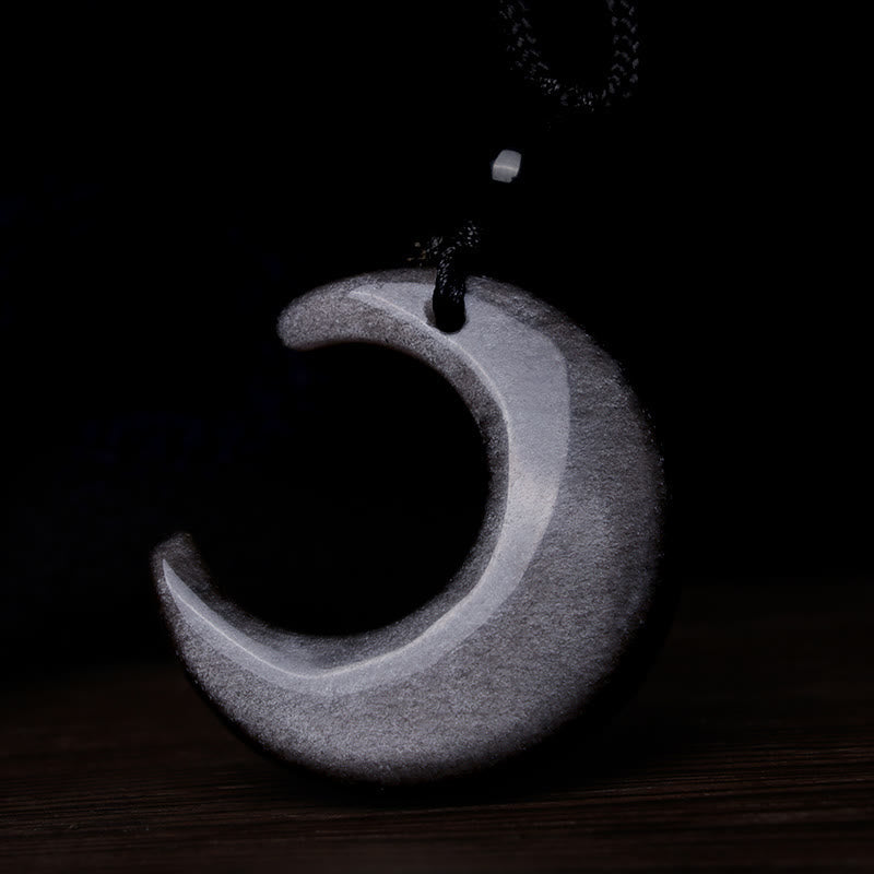 Nimara Ritual Natural Silver Sheen Obsidian Selenite Crystal Crescent Moon Yin Yang Couple Protection Necklace Pendant