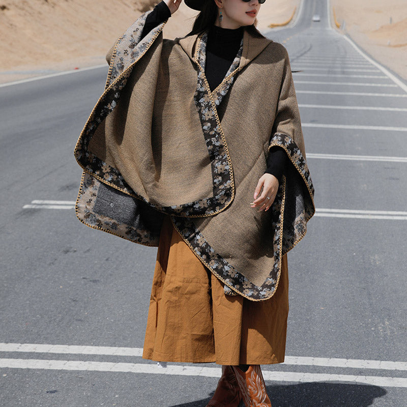Nimara Ritual Tibetan Shawl Border Small Floral Flower Hooded Cloak Winter Cozy Travel Scarf Wrap