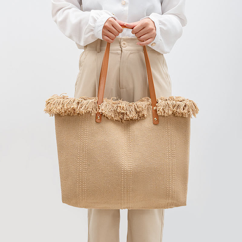 Nimara Ritual Large Capacity Solid Color Tassel Canvas Tote Shoulder Bag