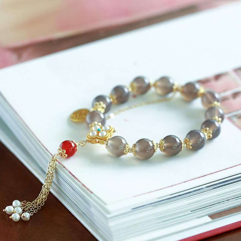 Nimara Ritual Natural Gray Agate Fu Character Pearl Tassel Balance Bracelet