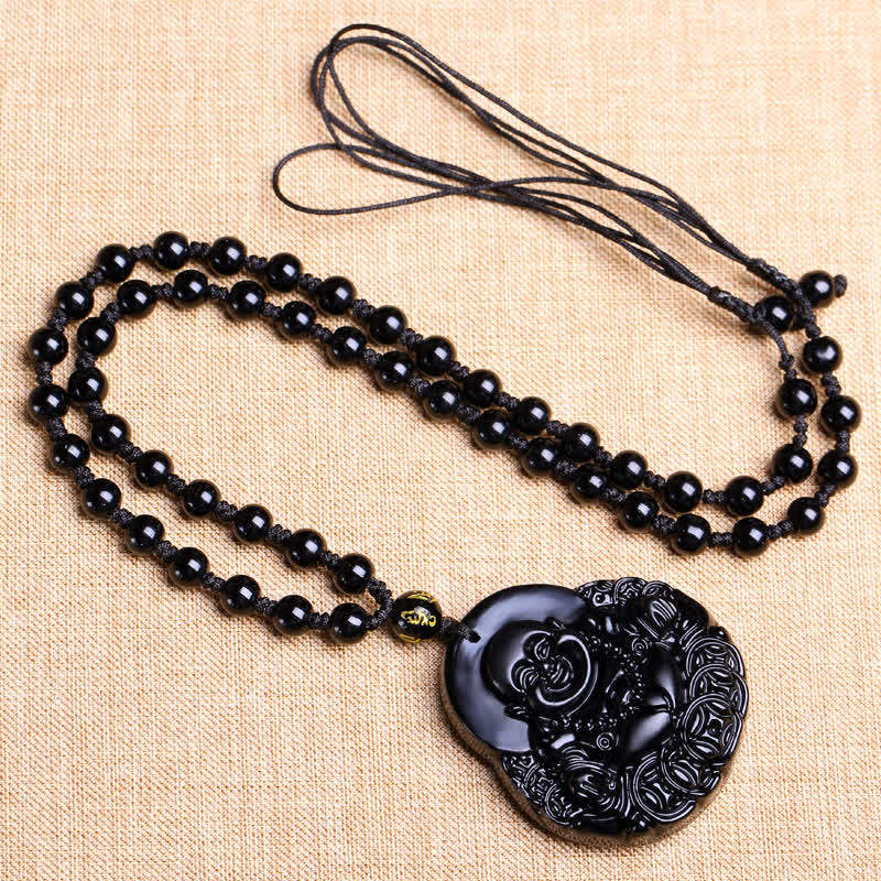 Nimara Ritual Laughing Buddha Black Obsidian Strength Protection Pendant Necklace