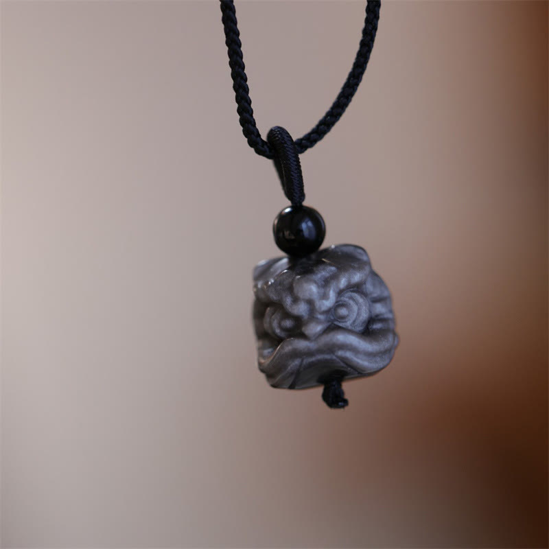 Nimara Ritual Natural Silver Sheen Obsidian Dancing Lion Protection Necklace Pendant