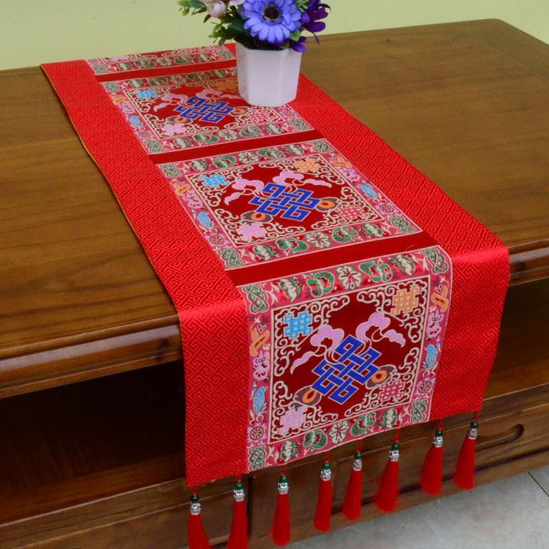 Nimara Ritual Prayer Altar Mat Man-Bcu Kalachakra Endless Knot Vajra Tibetan Auspicious Symbols Tassels Table Runner