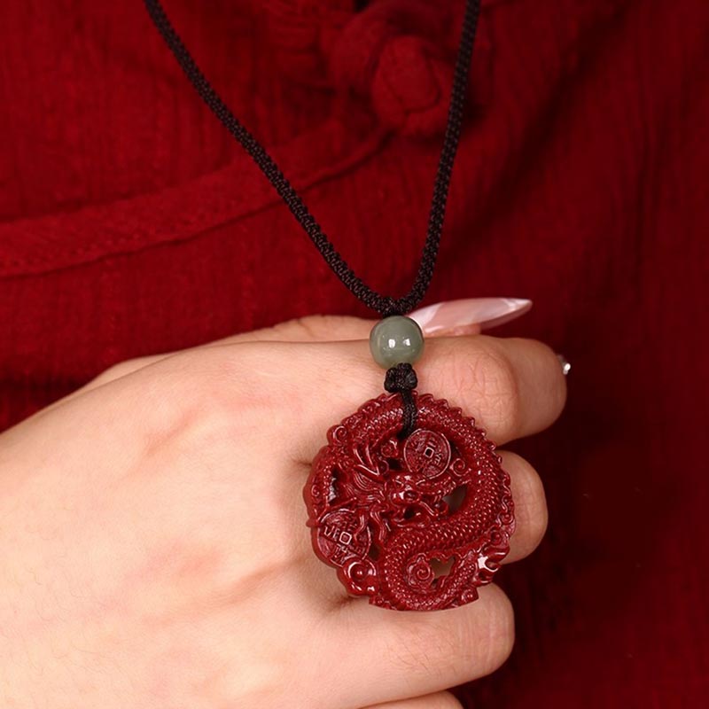 Nimara Ritual Year Of The Dragon Natural Cinnabar Hetian Jade Bead Copper Coin Attract Wealth Strength Necklace Pendant