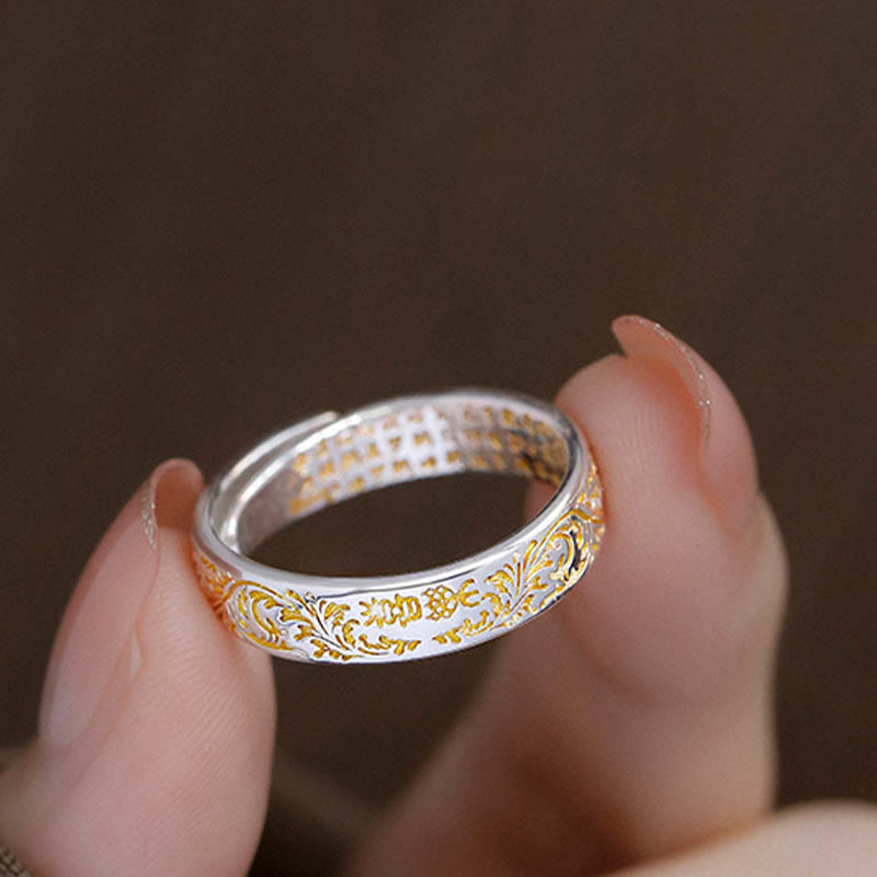 Nimara Ritual Peace and Joy Tang Dynasty Flower Design Lotus Heart Sutra Carved Copper Luck Adjustable Ring
