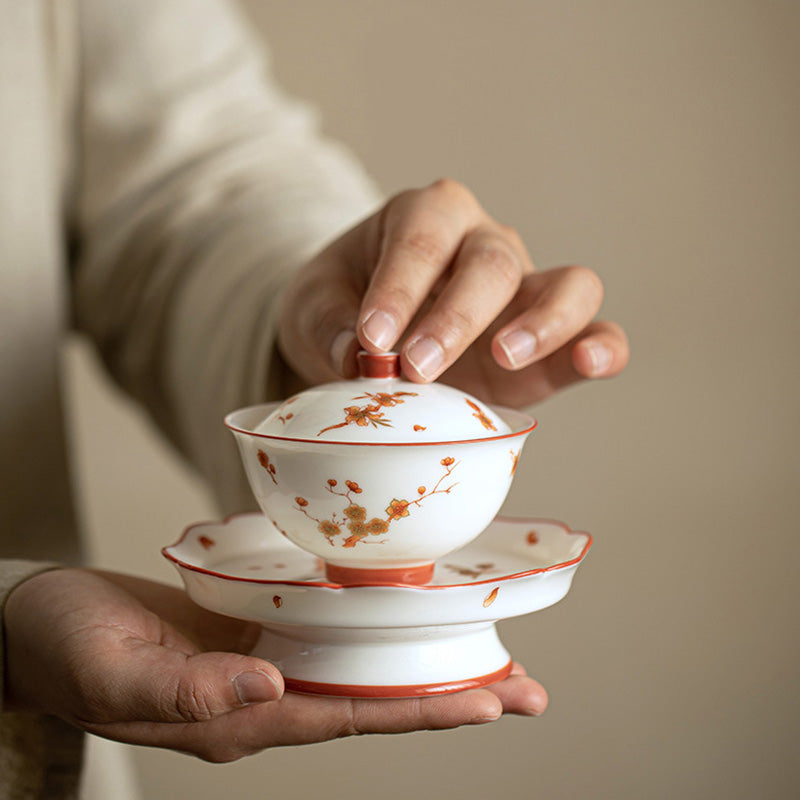 Nimara Ritual White Porcelain Flowers Ceramic Gaiwan Sancai Teacup Kung Fu Tea Cup And Saucer With Lid