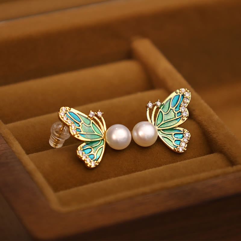 Nimara Ritual 925 Sterling Silver Posts 18K Gold Plated Copper Natural Pearl Butterfly Healing Stud Earrings