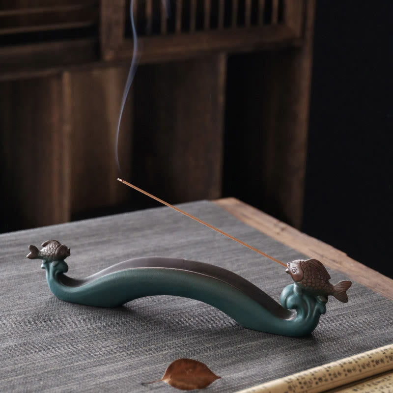 Nimara Ritual Double Koi Fish Mountain Healing Ceramic Stick Incense Burner Decoration