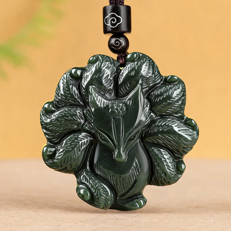 Nimara Ritual Hetian Cyan Jade Nine Tailed Fox Luck Necklace String Pendant